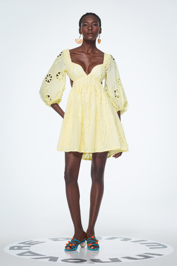 Bahdan Cutout Balloon Sleeve Ruffle Mini Dress In Yellow