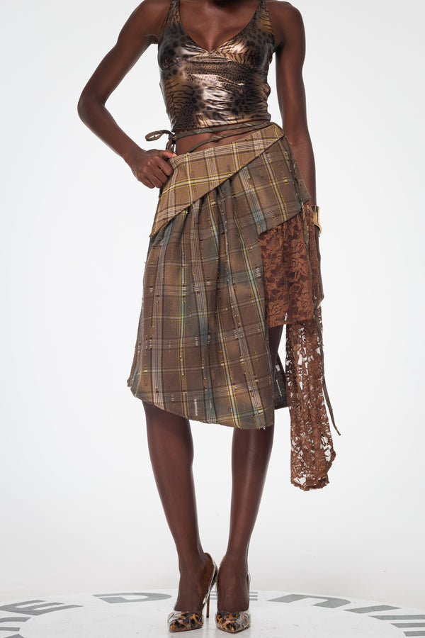 Bahman Patchwork Asymmetric Plaid Midi Skirt