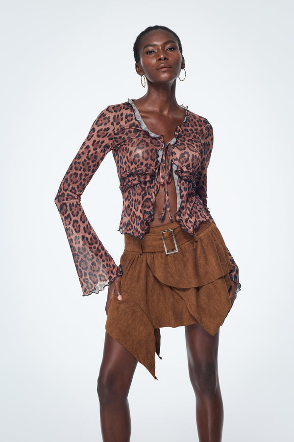 Baishan Leopard Ruffle Lace Up Top