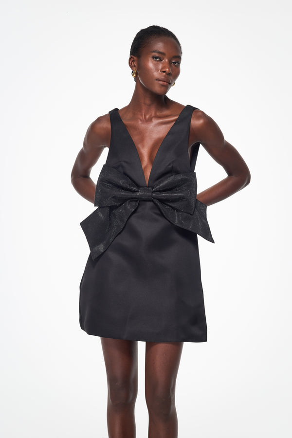 Balaram Bow Rhinestone Plunge Mini Dress