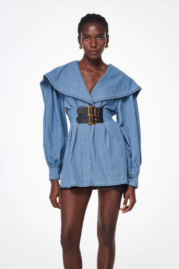 Balbina Buckle Ruffle Denim Jacket In Slight Blue