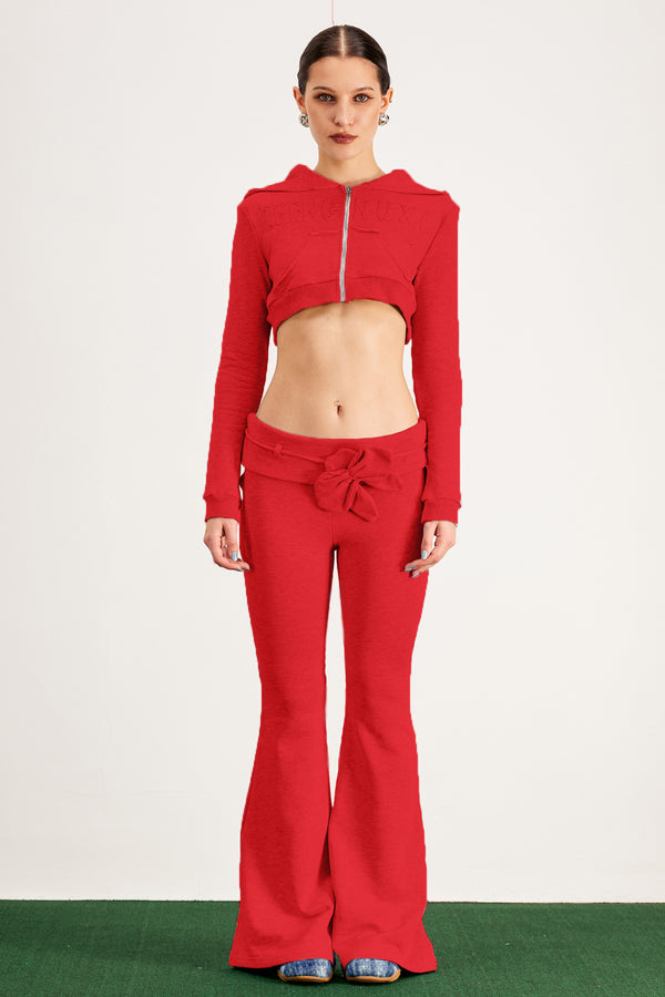 Bao Hooded Crop Bootcut Pants Set In Red