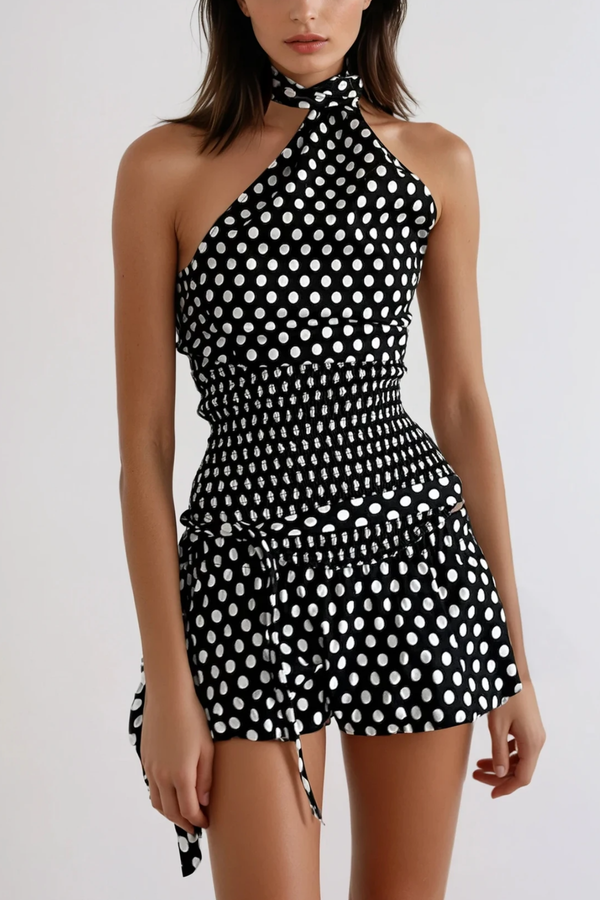 Bartek Dot Halter Neck Bow Skirt Set In Black