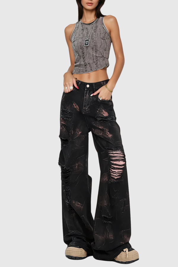 Baxtiyor Ripped Print Wide Leg Jeans
