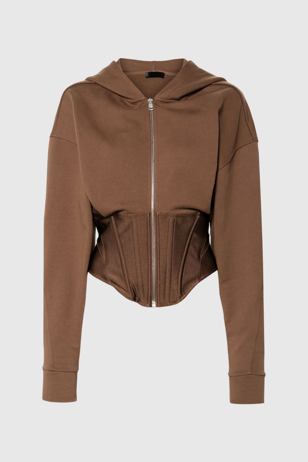 Baylee Fishbone Hooded Jacket In Brown