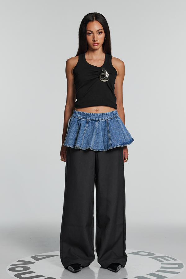 Bellamy Belt Ruffle Patchwork Wide Pants