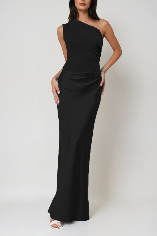 Beres One Shoulder Satin Maxi Dress In Black