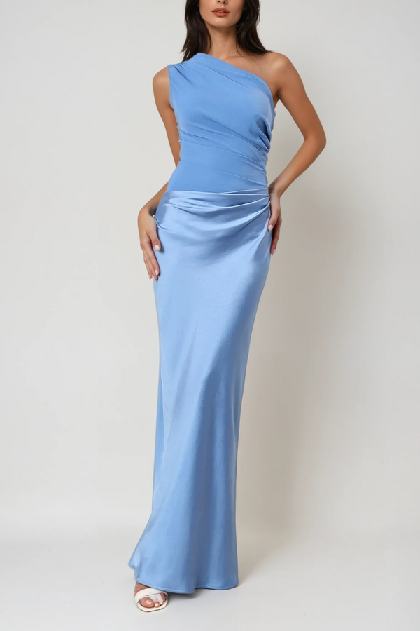 Beres One Shoulder Satin Maxi Dress In Blue