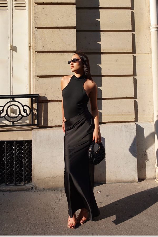 Beres Tank Top Satin Maxi Dress In Black