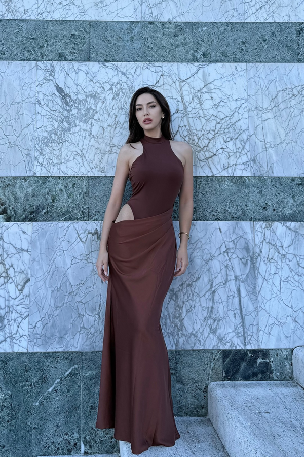 Beres Tank Top Satin Maxi Dress In Brown