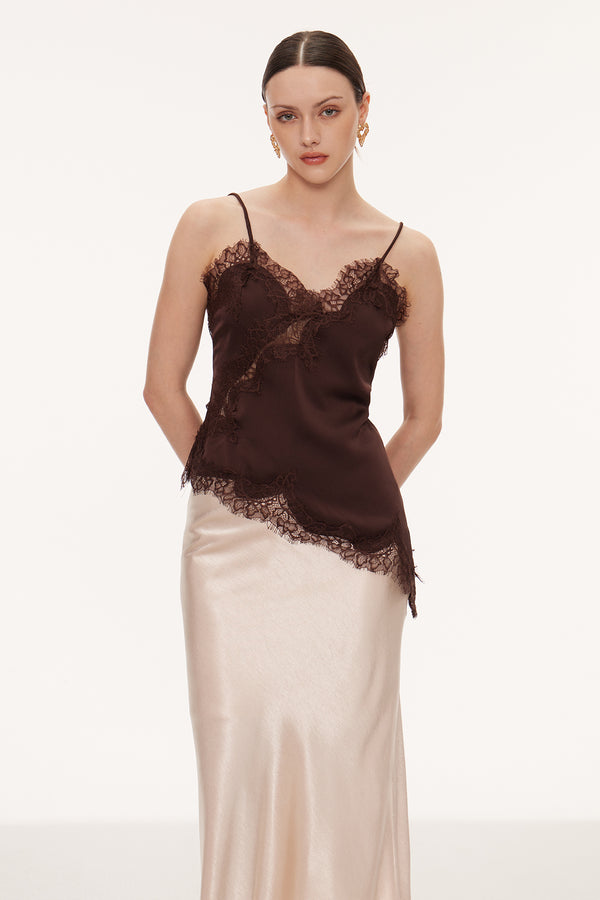 Bess Lace Asymmetric Satin Top In Brown