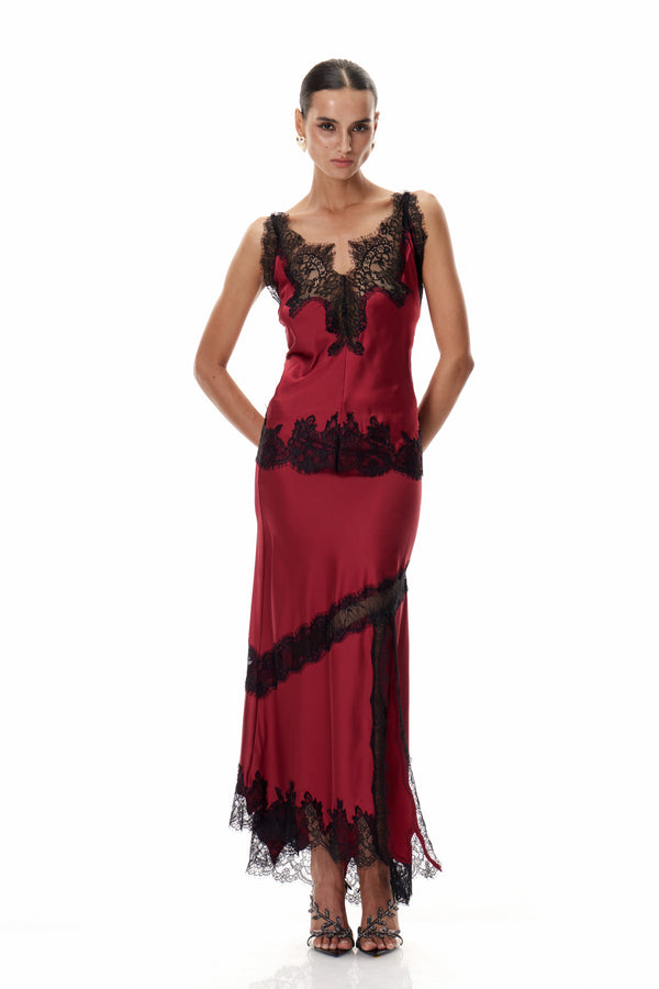 Bess Lace Satin Skirt In Red