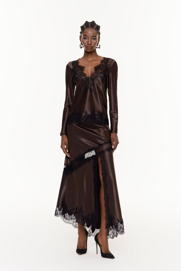 Bess Plunge Split Lace Skirt Set In Brown