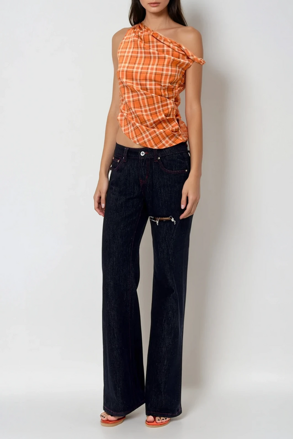 Bianca Grid Single Shoulder Ruch Top In Orange