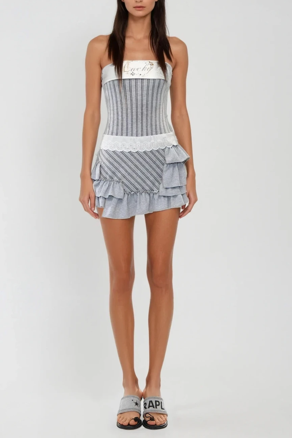 Bibek Stripe Ruffle Asymmetric Mini Dress