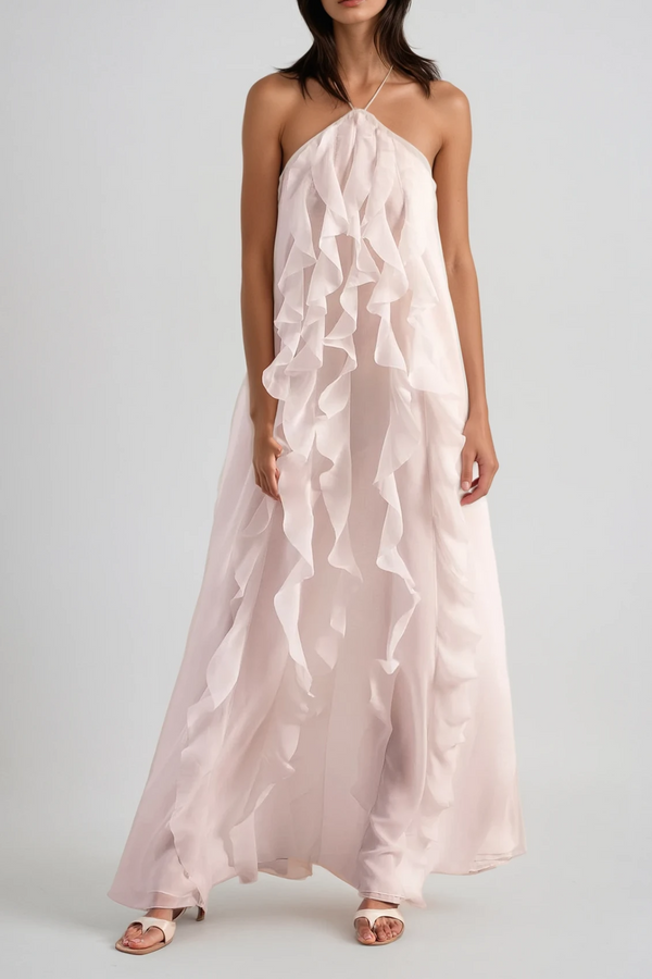 Bice Ruffle Mesh Backless Maxi Dress