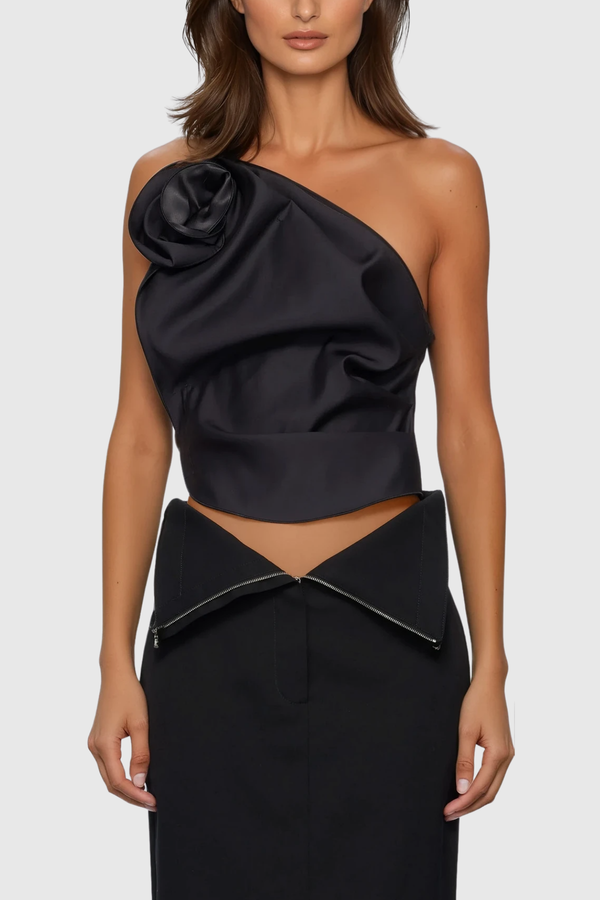 Bidziil Flower Single Shoulder Top In Black