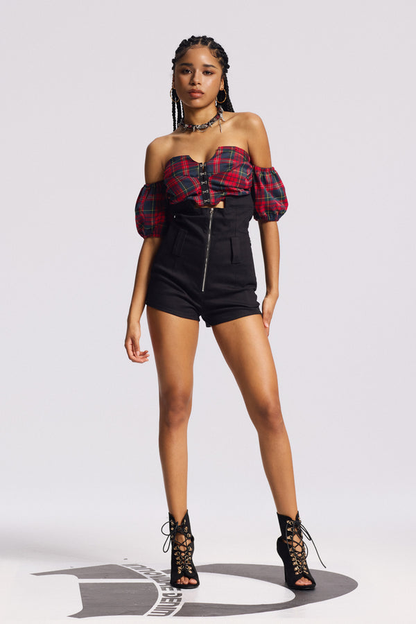 Biruta Off Shoulder Plaid Pants Set