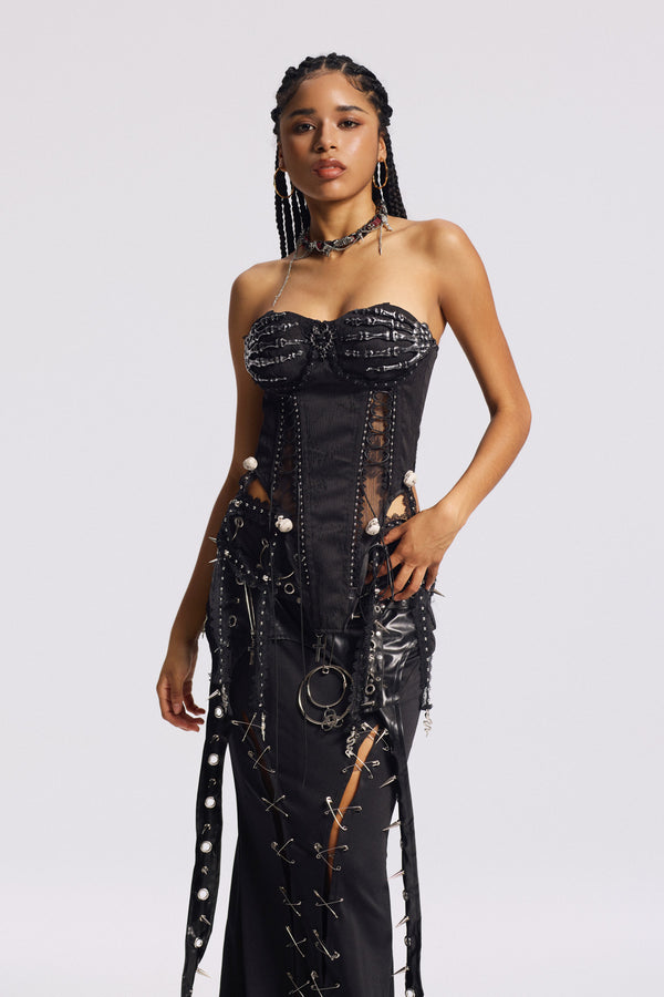 Bisera Lace Up Embellished Strapless Top