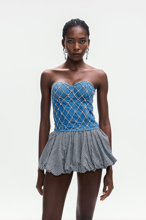 Boipelo Crystal Embellished Strapless Denim Top
