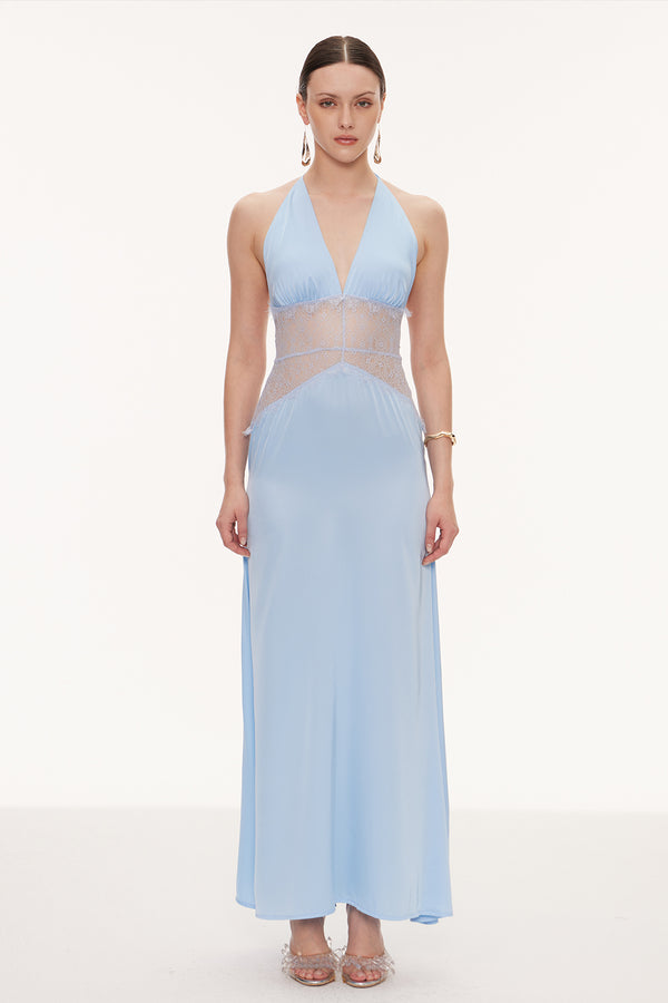 Bowie Lace Plunge Backless Maxi Dress In Blue