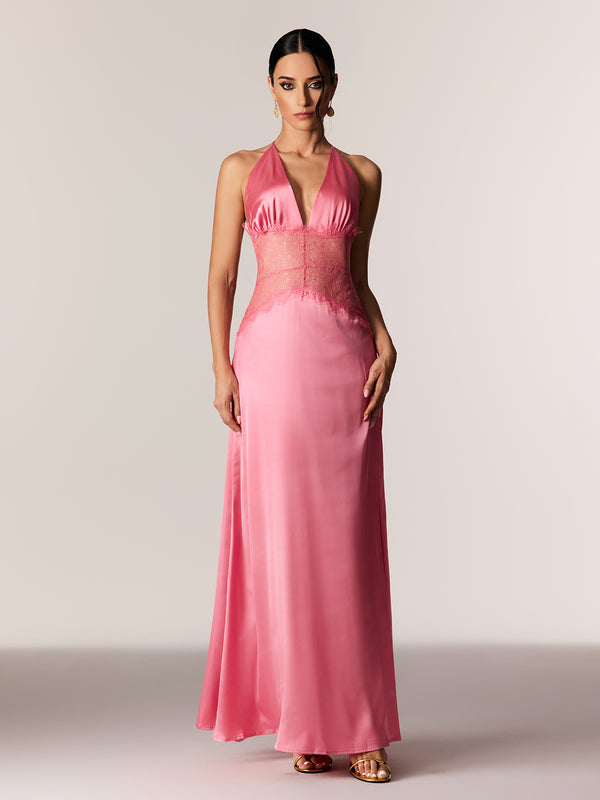 Bowie Lace Plunge Backless Maxi Dress In Pink