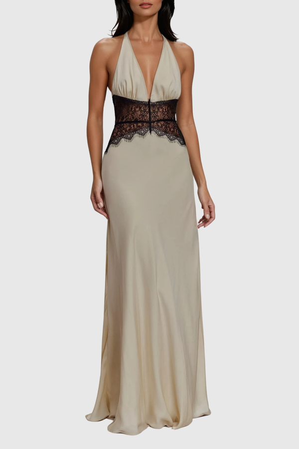 Bowie Lace Plunge Backless Maxi Dress In White