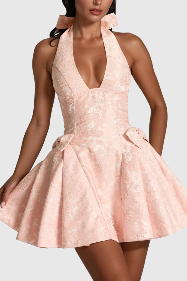 Braelynn Bow Plunge Ruffle Mini Dress In Pink