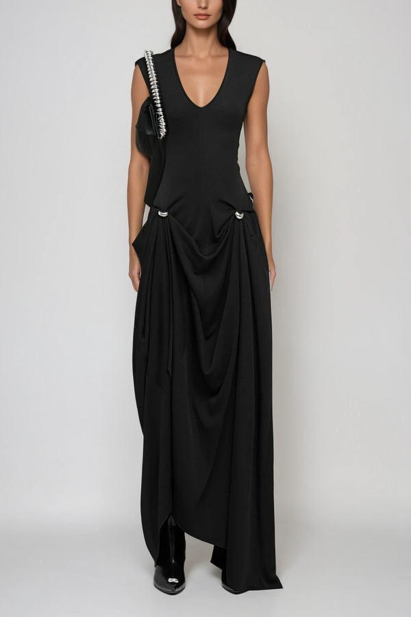 Bragi Sleeveless Asymmetric Maxi Dress In Black