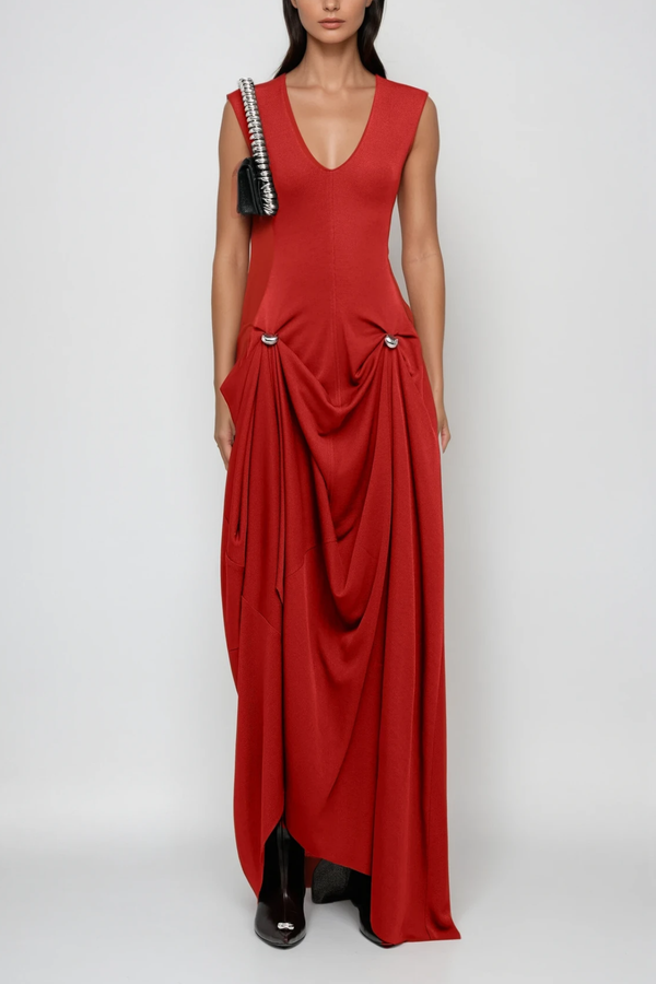 Bragi Sleeveless Asymmetric Maxi Dress In Red