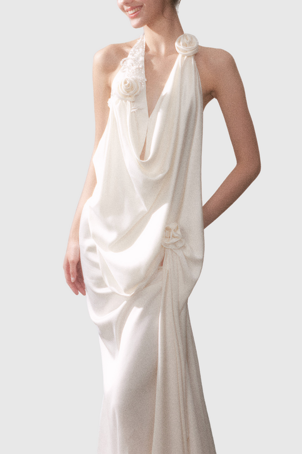 Branden Cowl Neck Flower Backless Maxi Dress In White