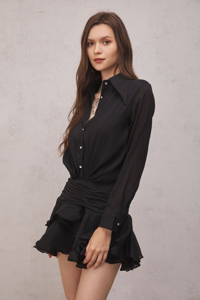 Brinley Ruched Ruffle Mini Dress In Black – Innovare Denim