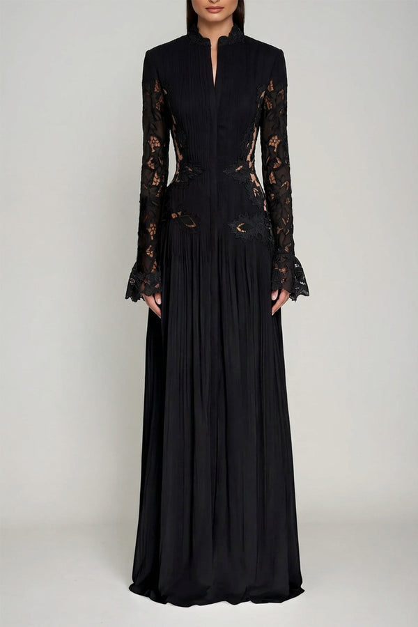 Caesarius Embroidered Ruch Lace Maxi Dress In Black