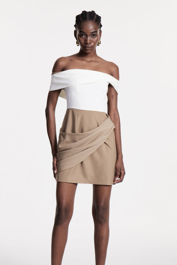 Candide Off Shoulder Ruch Mini Dress