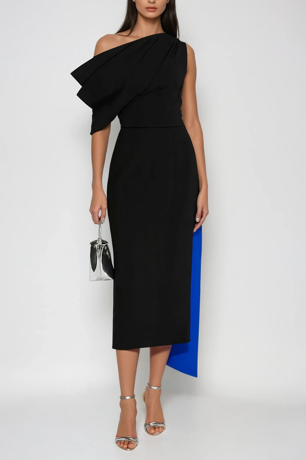 Candidus Shawl Ruch Asymmetric Midi Dress In Black
