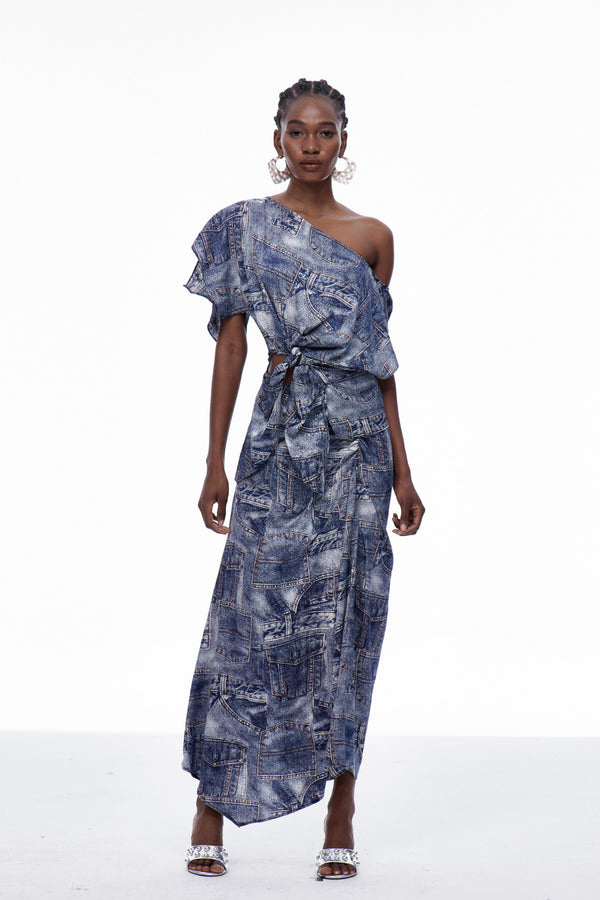 Carey Print Single Shoulder Tie Up Skirt Set