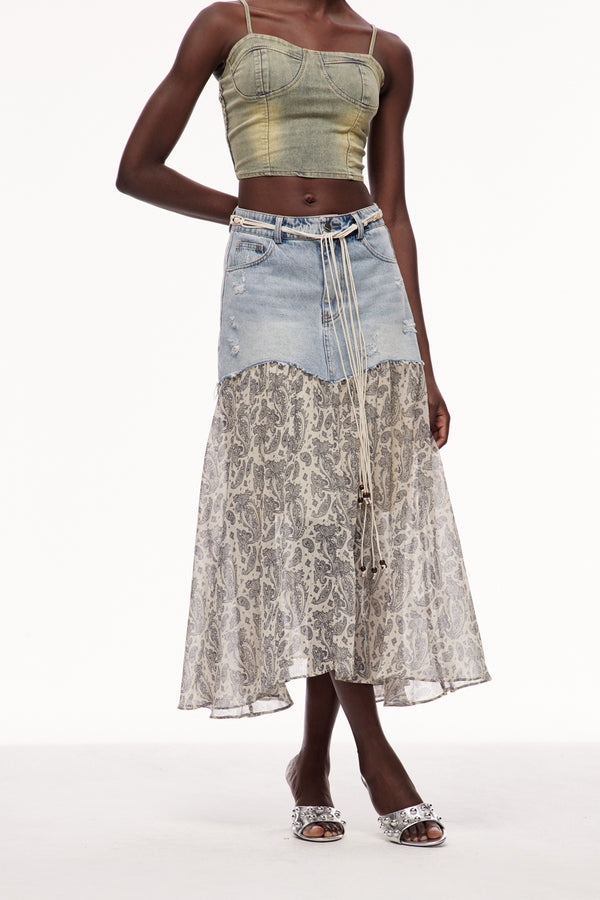 Cerere Deconstruct Print Denim Skirt