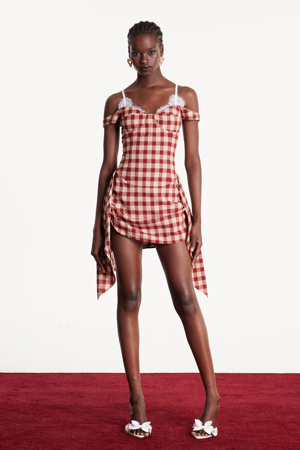 Ceyhun Grid Fringe Spaghetti Mini Dress In Red