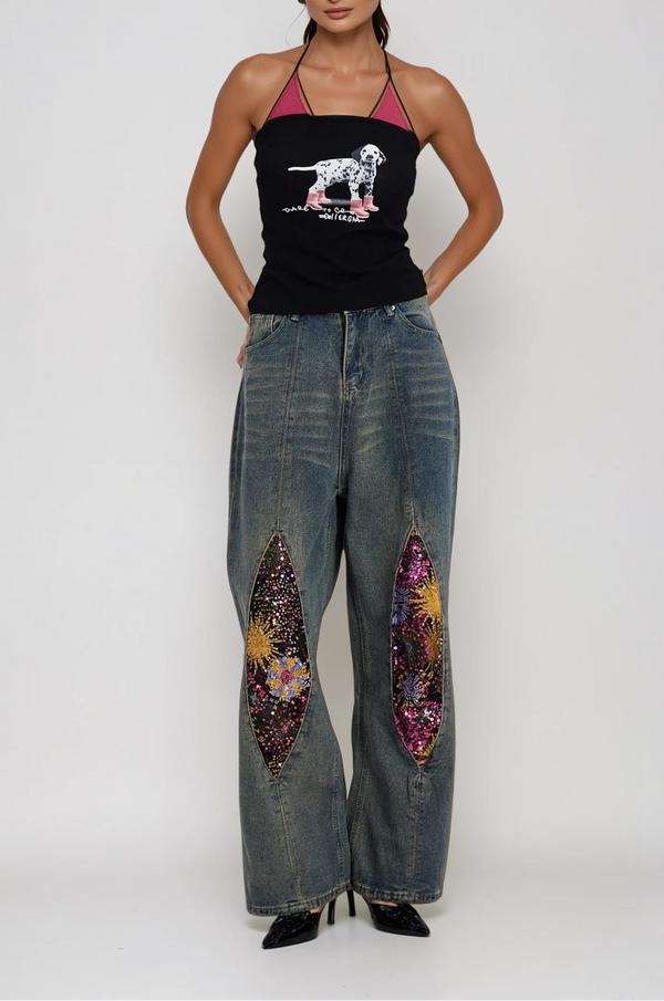 Charla Embroidered Bleached Straight Jeans