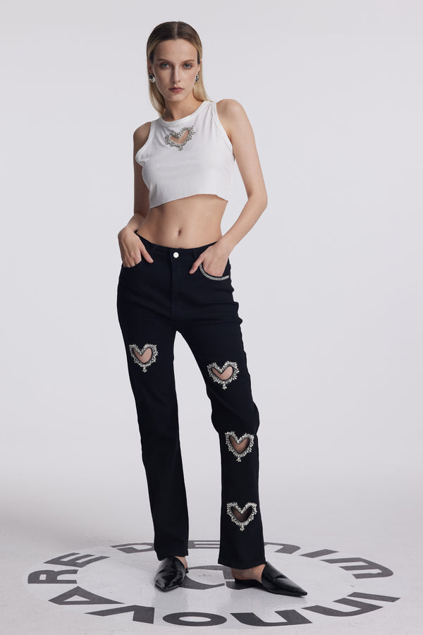 Cher Love Rhinestone Cutout Jeans In Black