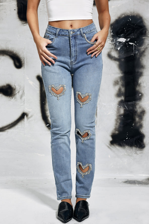 Cher Love Rhinestone Cutout Jeans