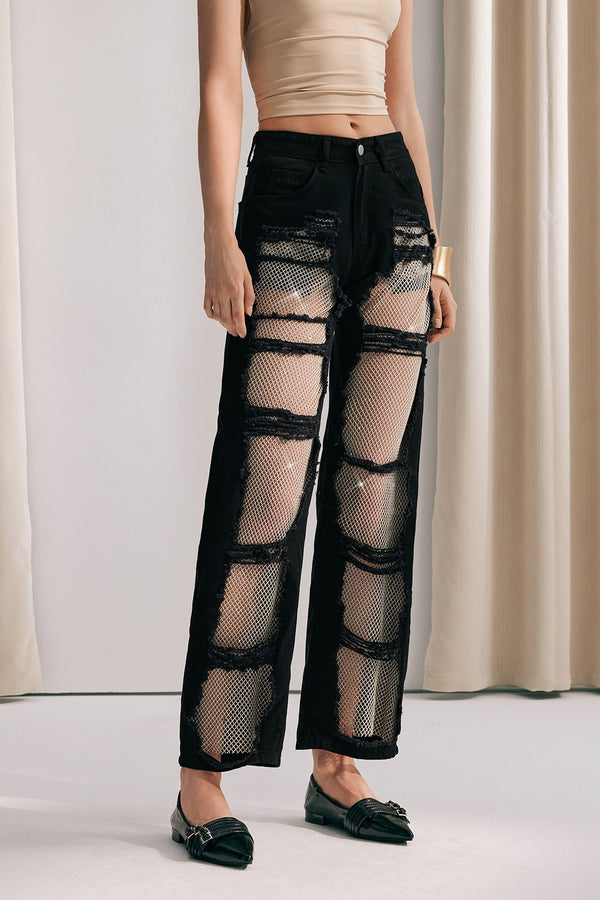 Chloe Mesh Straight Jeans In Black