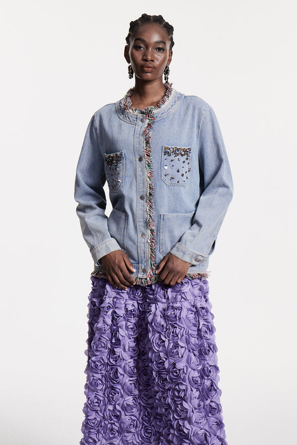 Cho Rhinestone Fringe Denim Jacket