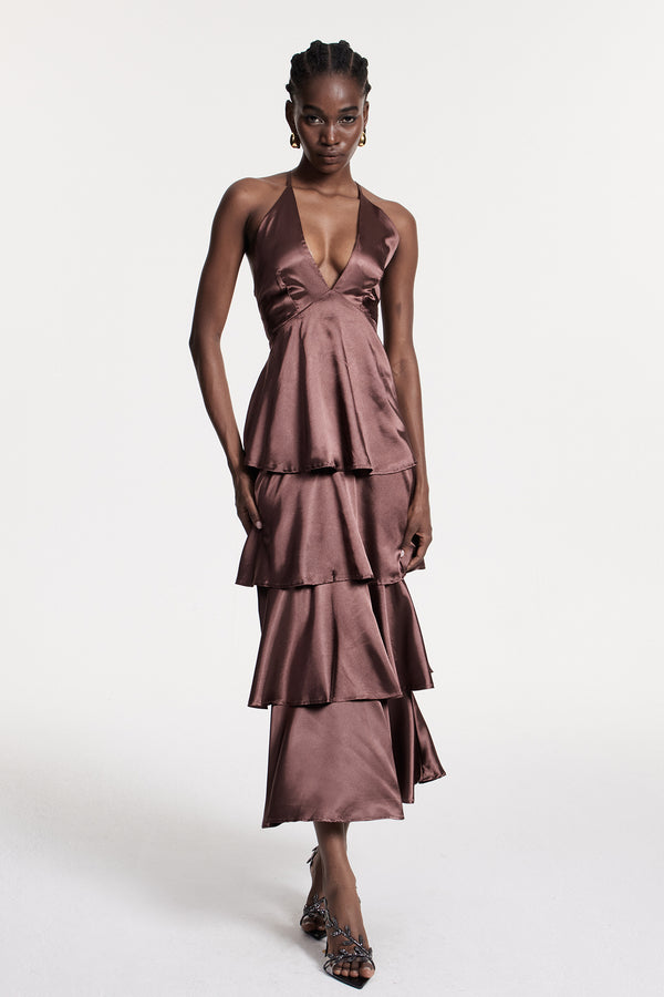 Christianus Plunge Ruffle Backless Maxi Dress