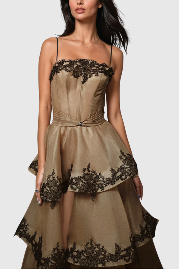 Cibele Lace Mesh Ruffle Maxi Dress