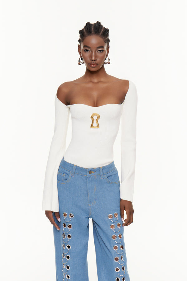 Cindi Long Sleeve Bodycon Knit Top In White