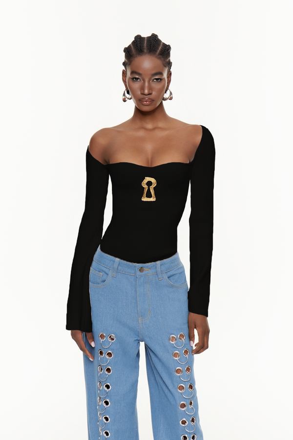 Cindi Long Sleeve Bodycon Knit Top In Black