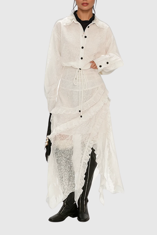 Ciprian Asymmetric Lace  Maxi Shirt Dress
