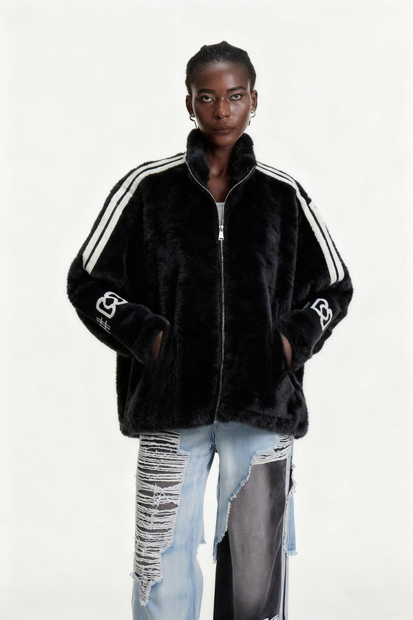 Edel Stand Collar Faux Fur Jacket In Black