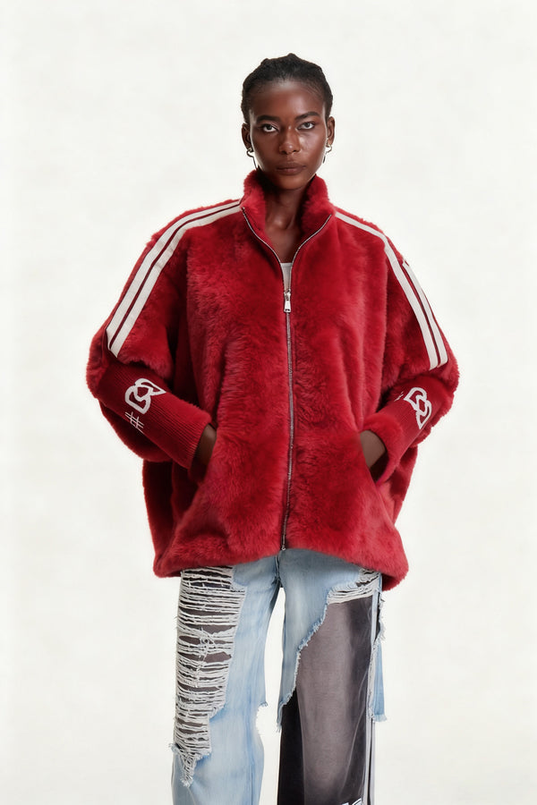 Edel Stand Collar Faux Fur Jacket In Red